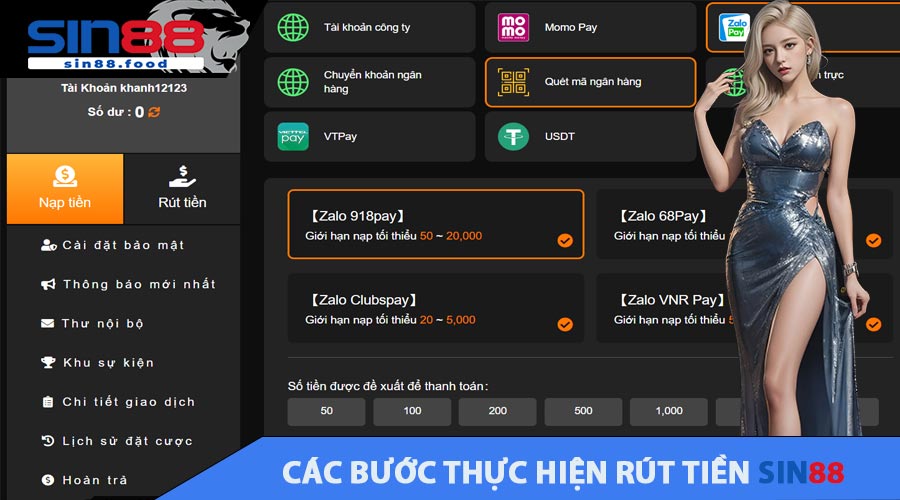 Các bước thực hiện Rút Tiền SIN88