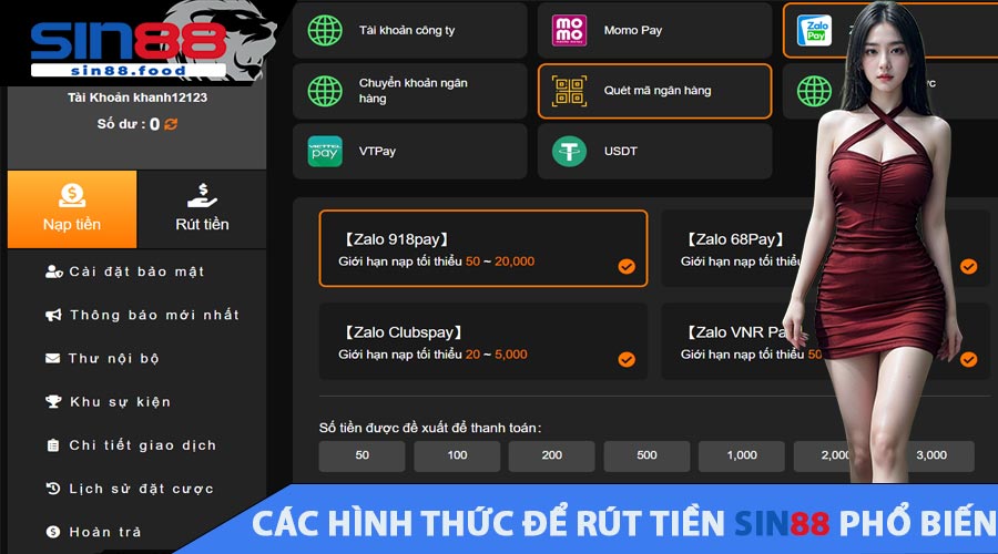 Các hình thức để rút tiền SIN88 phổ biến